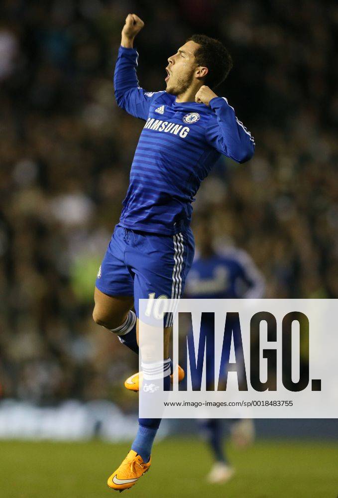 Eden Hazard of Chelsea jumps up to celebrate scoring the first goal - Capital One Cup Quarter Final - Derby vs Chelsea - iPro Stadium - Derby - England - 16th December 2014 - Picture Simon Bellis Sportimage .