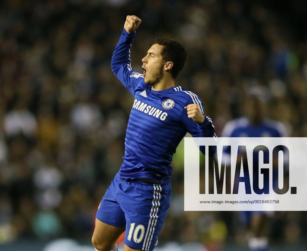 Eden Hazard of Chelsea jumps up to celebrate scoring the first goal - Capital One Cup Quarter Final - Derby vs Chelsea - iPro Stadium - Derby - England - 16th December 2014 - Picture Simon Bellis Sportimage .