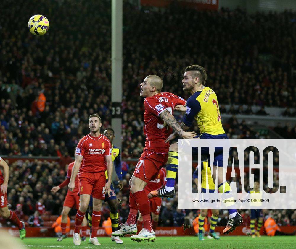 Arsenal s Mathieu Debuchy scoring his sides opening goal Barclays Premier League - Liverpool vs Arsenal - Anfield - England - 21st December 2014 - Picture David Klein Sportimage .