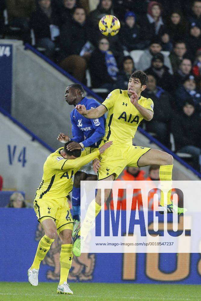 Leicester, England. Premier League. Leicester City versus Tottenham Hotspur. Federico Fazio of Tottenham Hotspur beats Jeffrey Schlupp of Leicester City to a high ball. Kirkpatrickx ActionPlus11584927