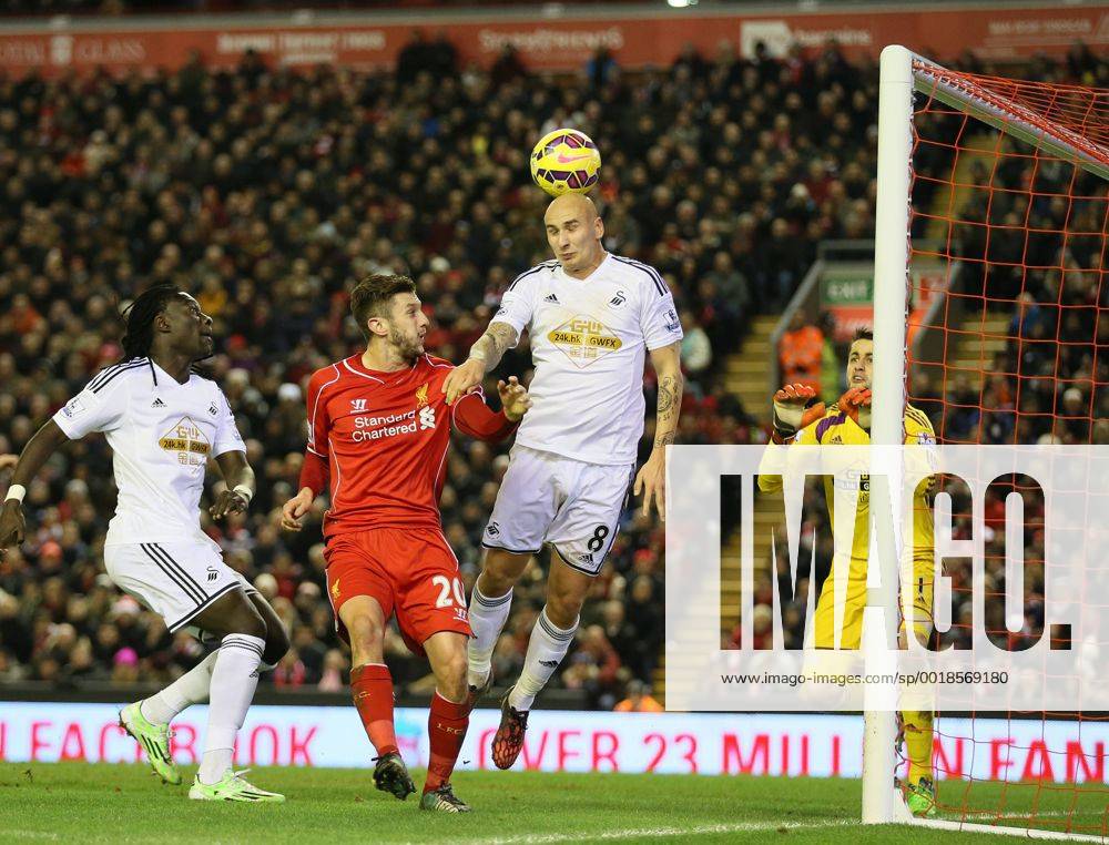 Jonjo Shelvey of Swansea City gets a touch to score an own goal - Barclays Premier League - FC Liverpool vs Swansea City - Anfield Stadium - Liverpool - England - 29th December 2014 - .