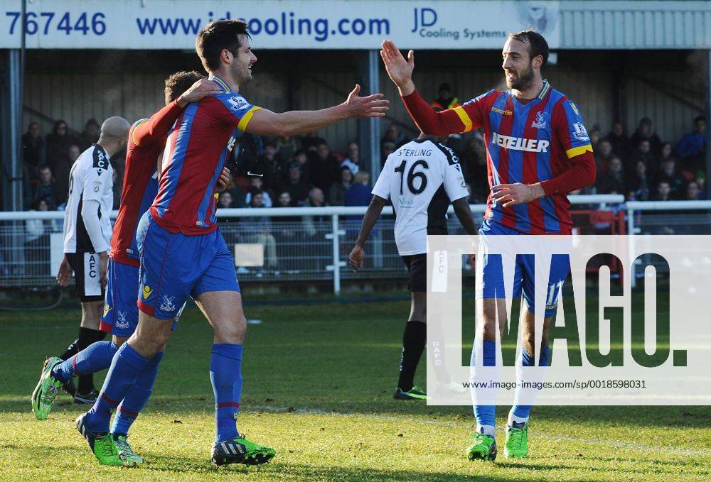 Football - 2014 2015 FA Cup - Third Round: Dover Athletic vs. Crystal Palace Palace s Scott Dann celebrates his goal with Glenn Murray at the Crabble Athletic Ground. COLORSPORT ANDREW COWIE