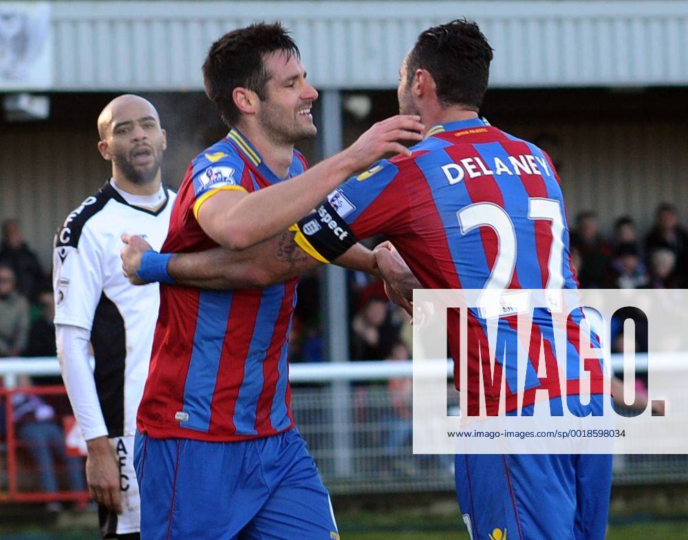Football - 2014 2015 FA Cup - Third Round: Dover Athletic vs. Crystal Palace Palace s Scott Dann celebrates his 2nd goal with Damien Delaney at the Crabble Athletic Ground. COLORSPORT ANDREW COWIE