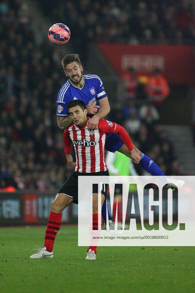 Football - 2014 2015 FA Cup - Third Round: Southampton vs. Ipswich Town Luke Chambers of Ipswich Town climbs all over Southampton s Dusan Tadic to win a header at St Mary s Stadium Southampton Colorsport Shaun Boggust