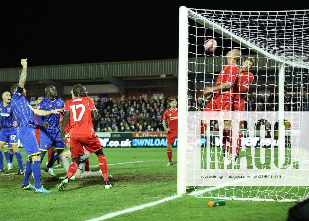 Aktuell Fußball, England, FA Cup, AFC Wimbledon - FC Liverpool Football - 2014 2015 FA Cup - Third Round: AFC Wimbledon - FC Liverpool, Liverpool s Martin Skrtel clears off the line before AFC Wimbledon s Adebayo Akinfenwa scores at The Cherry Red Records Stadium WIM_LIV