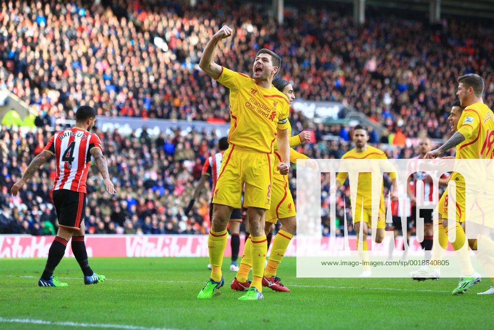 Steven Gerrard of Liverpool punches the air in celebration following Lazar Markovic s opening goal - Sunderland vs. Liverpool - Barclay s Premier League - Stadium of Light - Sunderland - 10 01 2015 Pic Philip Oldham Sportimage .