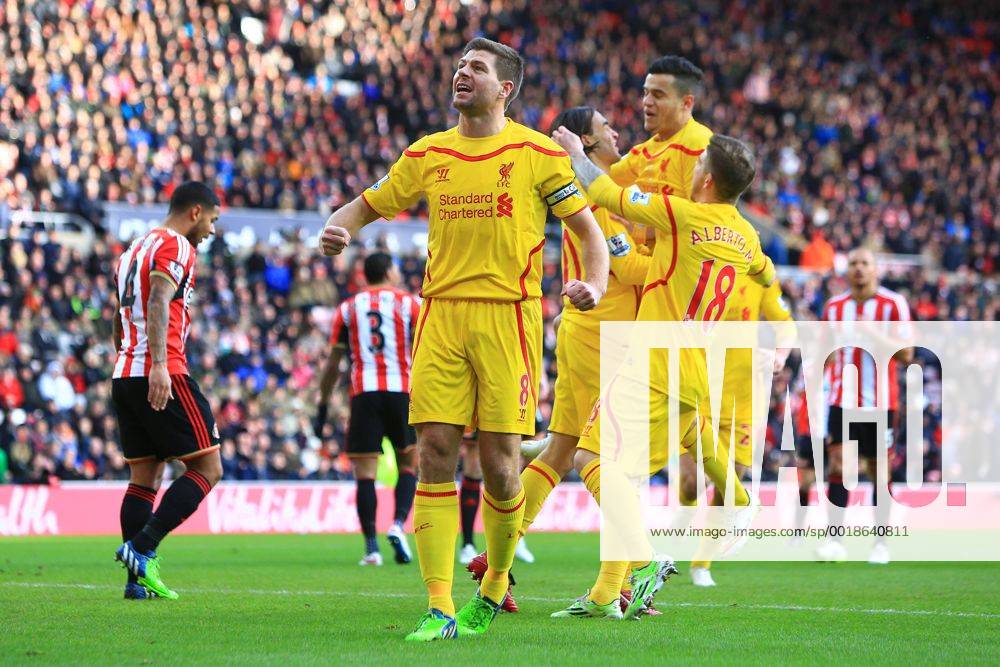 Steven Gerrard of Liverpool punches the air in celebration following Lazar Markovic s opening goal - Sunderland vs. Liverpool - Barclay s Premier League - Stadium of Light - Sunderland - 10 01 2015 Pic Philip Oldham Sportimage .