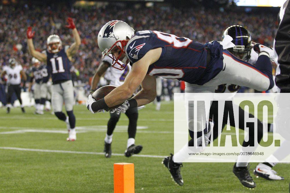 New England Patriots wide receiver Danny Amendola (80) dives into the end zone on a 15-yard touchdown reception in the second quarter of the AFC Divisional Playoff game against the Baltimore Ravens at Gillette Stadium in Foxborough, Massachusetts on January 10, 2015. Photo by Matthew Healey UPI BOS2015011006 MATTHEWxHEALEY