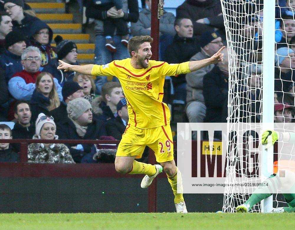 Fabio Borini of Liverpool (l) turns to celebrate scoring the first goal - Barclays Premier League - Aston Villa vs Liverpool - Villa Park Stadium - Birmingham - England - 17th January 2015 - Picture Simon Bellis Sportimage .
