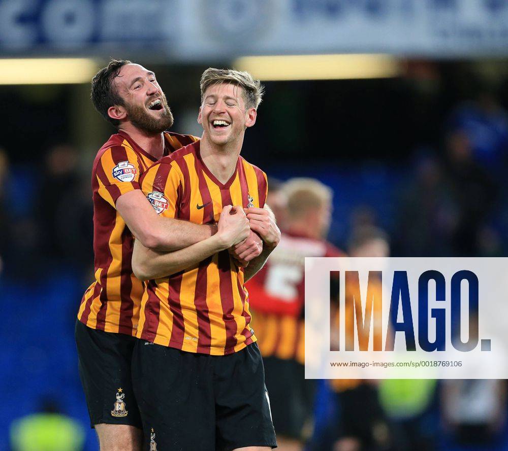 Bradford s Rory McArdle and Jon Stead celebrate at the final whistle FA Cup Fourth Round - Chelsea vs Bradford City - Stamford Bridge - England - 24th January 2015 - Picture David Klein Sportimage .