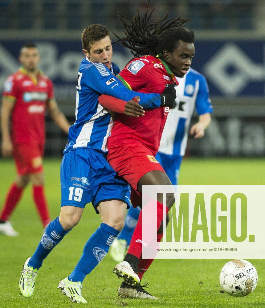 - GENT, BELGIUM: Gent s Brecht Dejaegere and Oostende s Jordan Lukaku fight for the ball during the Jupiler Pro League match between KAA Gent and KV Oostende, in Gent, Sunday 25 January 2015, on day 23 of the Belgian soccer championship. LAURIExDIEFFEMBACQ x04556273x