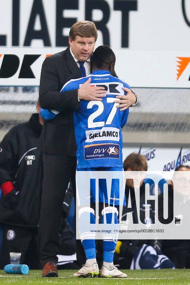 - GENT, BELGIUM: Gent s head coach Hein Vanhaezebrouck and Gent s Moses Simon pictured during the Jupiler Pro League match between KAA Gent and KVC Westerlo, in Gent, Saturday 07 February 2015, on day 25 of the Belgian soccer championship. BRUNOxFAHY x04563491x