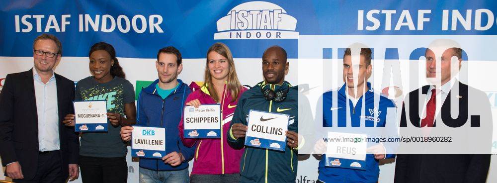 ISTAF, ISTAF Berlin Pressekonferenz im Maritim Hotel, v.l. Martin Seeber, Sosthene Moguenara, Reaud Lavillenie, Dafne Schippers, Kim Collins, Julian Reus, Sergey Bubka