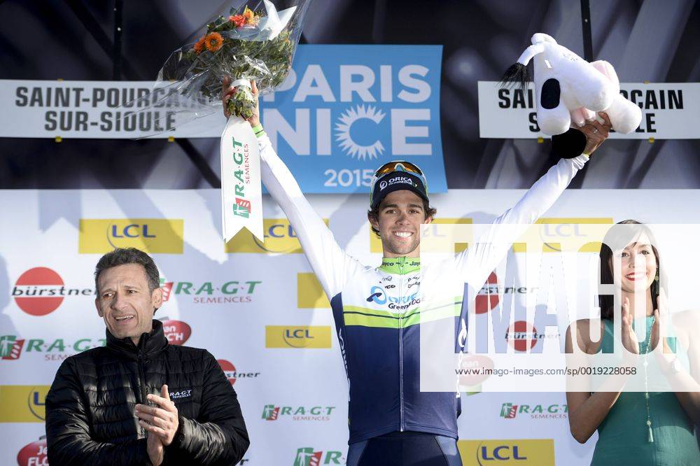 - SAINT-POURCAIN-SUR-SIOULE, FRANCE: Australian Michael Matthews of Orica GreenEDGE celebrates on the podium after winning stage 3 on the fourth day of the 73rd edition of Paris-Nice cycling race, 179 km from Saint-Amand-Montrond to Saint-Pourcain-sur-Sioule, France, Wednesday 11 March 2015. DIRKxWAEM x04584636x