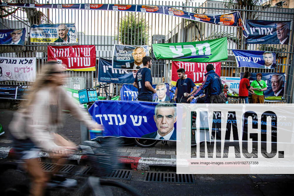 Election posters of different Israeli political parties outside a polling station in Tel Aviv. With more than 90% of the votes counted former Israeli Prime Minister Benjamin Netanyahu and his block of parties are set to win 65 seats out of the 120 seat Parliament. A come back for Netanyahu, the religious and extreme right nationalist block that he leads. Jerusalem Israel - ZUMAs197 20221101_zaa_s197_546