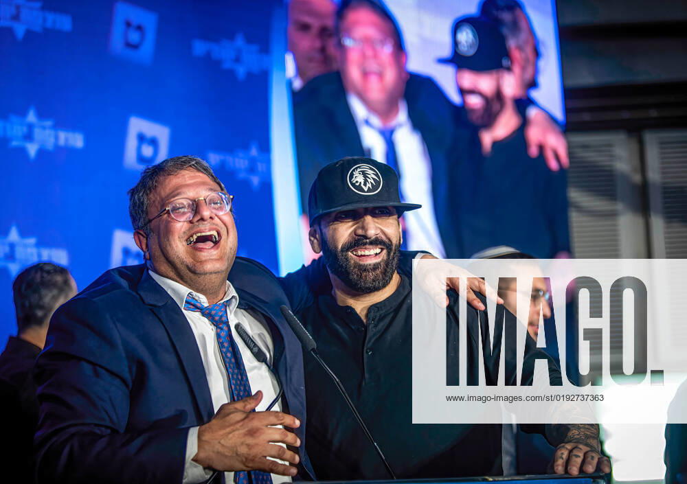 Leader of the ultranationalist party Otzma Yehudity ( Jewish Strength ) Itamar Ben-Gvir, Left, and political activist and Raper Yoav Elias, aka, the Shadow, in Jerusalem after hearing the results of the exit polls giving his party 14 seats in the parliament. With more than 90% of the votes counted former Israeli Prime Minister Benjamin Netanyahu and his block of parties are set to win 65 seats out of the 120 seat Parliament. A come back for Netanyahu, the religious and extreme right nationalist block that he leads. Jerusalem Israel - ZUMAs197 20221102_zaa_s197_474