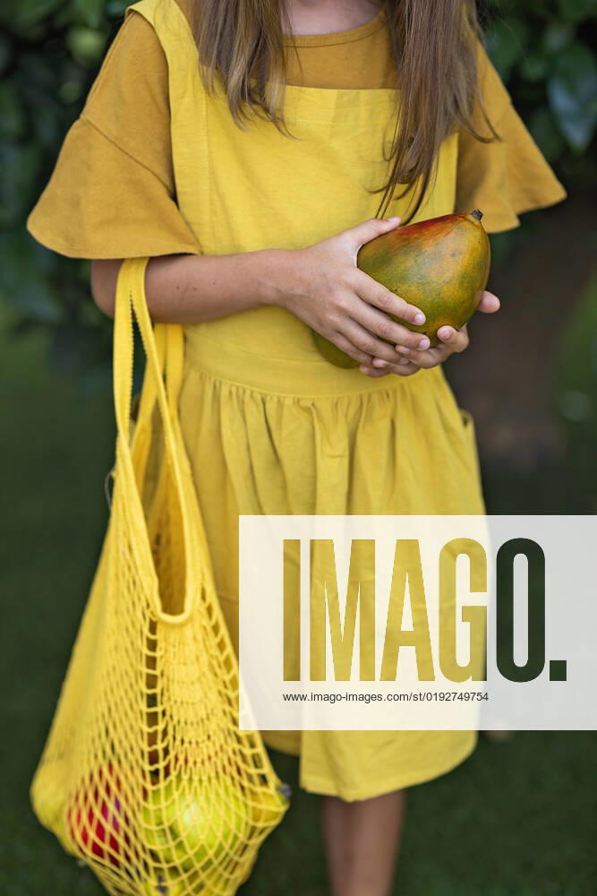 Girl standing with mesh bag and fresh mango model released, Symbolfoto, MEGF00133