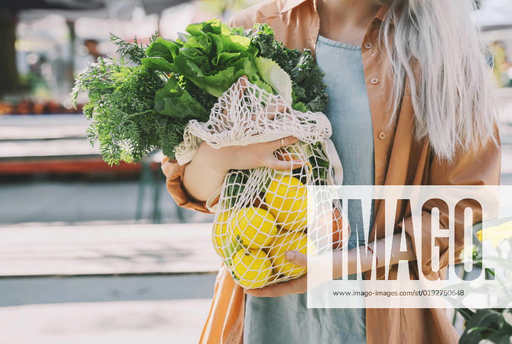 Customer holding leafy vegetables and lemons in mesh bag at local market model released, Symbolfoto, NDEF00009