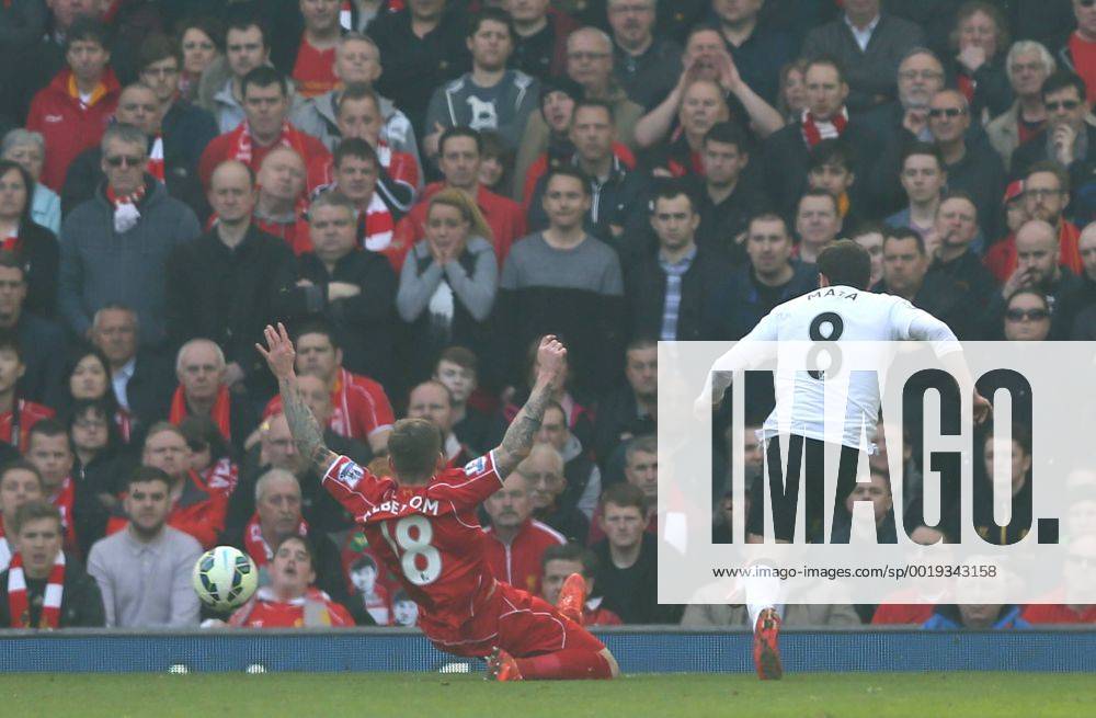 Juan Mata of Manchester United ManU scores the first goal - Barclays Premier League - Liverpool vs Manchester Utd - Anfield Stadium - Liverpool - England - 22nd March 2015 - Picture Simon Bellis Sportimage .