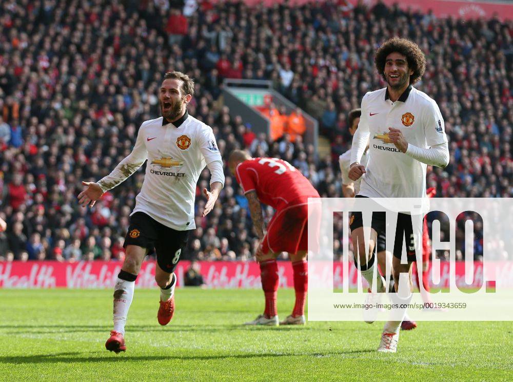 Juan Mata of Manchester United ManU celebrates his spectacular second goal - Barclays Premier League - Liverpool vs Manchester Utd - Anfield Stadium - Liverpool - England - 22nd March 2015 - Picture Simon Bellis Sportimage .
