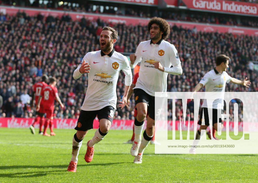 Juan Mata of Manchester United ManU celebrates his spectacular second goal - Barclays Premier League - Liverpool vs Manchester Utd - Anfield Stadium - Liverpool - England - 22nd March 2015 - Picture Simon Bellis Sportimage .