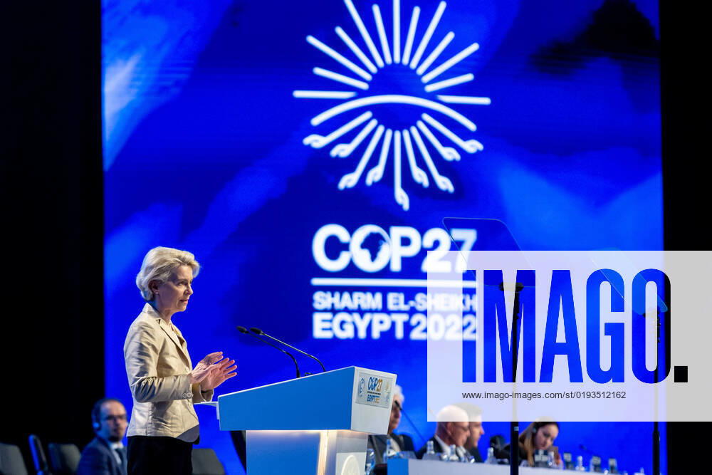COP27 In Sharm El Sheikh - Day 3 Ursula von der Leyen, President of the European Commission delivers the statement during the High-Level Segment for Heads of State and Government summit on the third day of the COP27 UN Climate Change Conference, held by UNFCCC in Sharm El-Sheikh International Convention Center, Egypt on November 8, 2022. COP27, running from November 6 to November 18 in Sharm El Sheikh focuses on implementation of measures already agreed during previous COPs. The Conference in Sharm El Sheikh focuses also on the most vulnerable communities as the climate crisis hardens life conditions of those already most disadvantaged. Sharm El Sheikh South Sinai Egypt