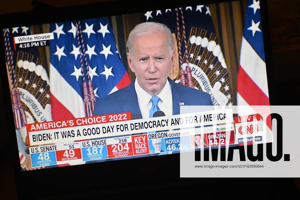President Joe Biden speaks on midterm elections results. Live broadcast on CNN TV channel. Clermont-Ferrand, November 9, 2022. Clermont Ferrand France - ZUMAf173 20221109_zip_f173_018