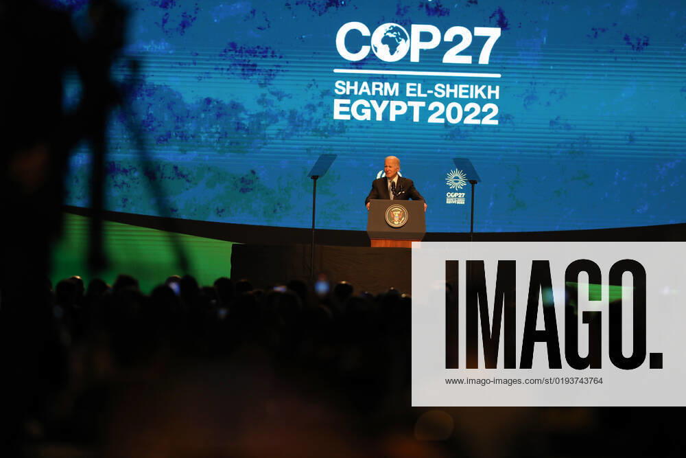 US President Joe Biden delivers a speech during the COP27 climate conference in Egypt s Red Sea resort city of Sharm el-Sheikh, on Friday on November 11, 2022. Biden arrived at UN climate talks in Egypt today, armed with major domestic achievements against global warming . photo by Kareem Ahmed 1 EGY2022111110 KareemxAhmed