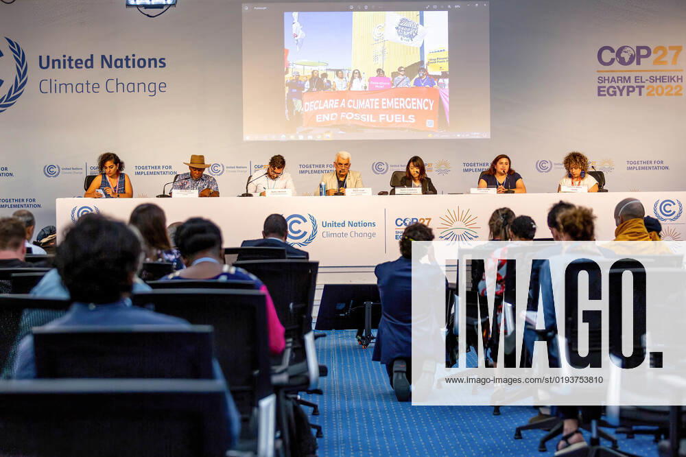 Participants meet on a discussion panel on the fifth day of the COP27 UN Climate Change Conference, held by UNFCCC in Sharm El-Sheikh International Convention Center. COP27 is running from November 6 to November 18 in Sharm El Sheikh and focuses on the implementation of measures already agreed on during the previous COPs. The Conference also focuses on the most vulnerable communities as the climate crisis hardens life conditions of those already most disadvantaged. Sharm El Sheijk Egypt - ZUMAs197 20221111_zaa_s197_228
