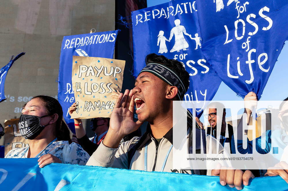 Activists protest demanding Loss and Damage reparations on the fifth day of the COP27 UN Climate Change Conference, held by UNFCCC in Sharm El-Sheikh International Convention Center. COP27 is running from November 6 to November 18 in Sharm El Sheikh and focuses on the implementation of measures already agreed on during the previous COPs. The Conference also focuses on the most vulnerable communities as the climate crisis hardens life conditions of those already most disadvantaged. Sharm El Sheijk Egypt - ZUMAs197 20221111_zaa_s197_245