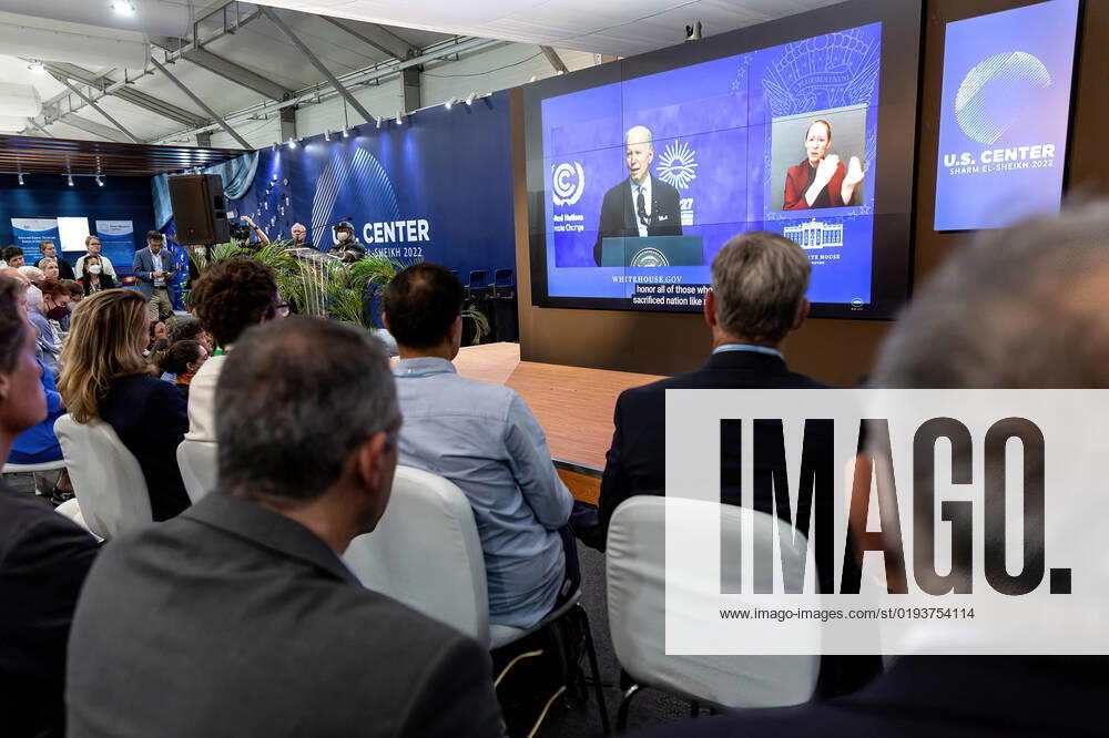 Participants watch an address of the US President Joe Biden in US Center Pavilion on the fifth day of the COP27 UN Climate Change Conference, held by UNFCCC in Sharm El-Sheikh International Convention Center. COP27 is running from November 6 to November 18 in Sharm El Sheikh and focuses on the implementation of measures already agreed on during the previous COPs. The Conference also focuses on the most vulnerable communities as the climate crisis hardens life conditions of those already most disadvantaged. Sharm El Sheijk Egypt - ZUMAs197 20221111_zaa_s197_251