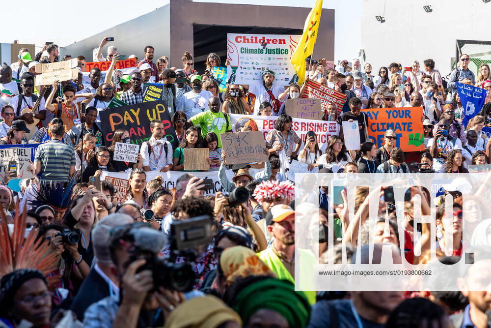 COP27 In Sharm El Sheikh - Day 7 Activists protest demanding climate action and Loss and Damage reparations on the seventh day of the COP27 UN Climate Change Conference, held by UNFCCC in Sharm El-Sheikh International Convention Center, Egypt on November 12, 2022. COP27, running from November 6 to November 18 in Sharm El Sheikh focuses on implementation of measures already agreed during previous COPs. The Conference in Sharm El Sheikh focuses also on the most vulnerable communities as the climate crisis hardens life conditions of those already most disadvantaged. Sharm El Sheikh South Sinai Egypt