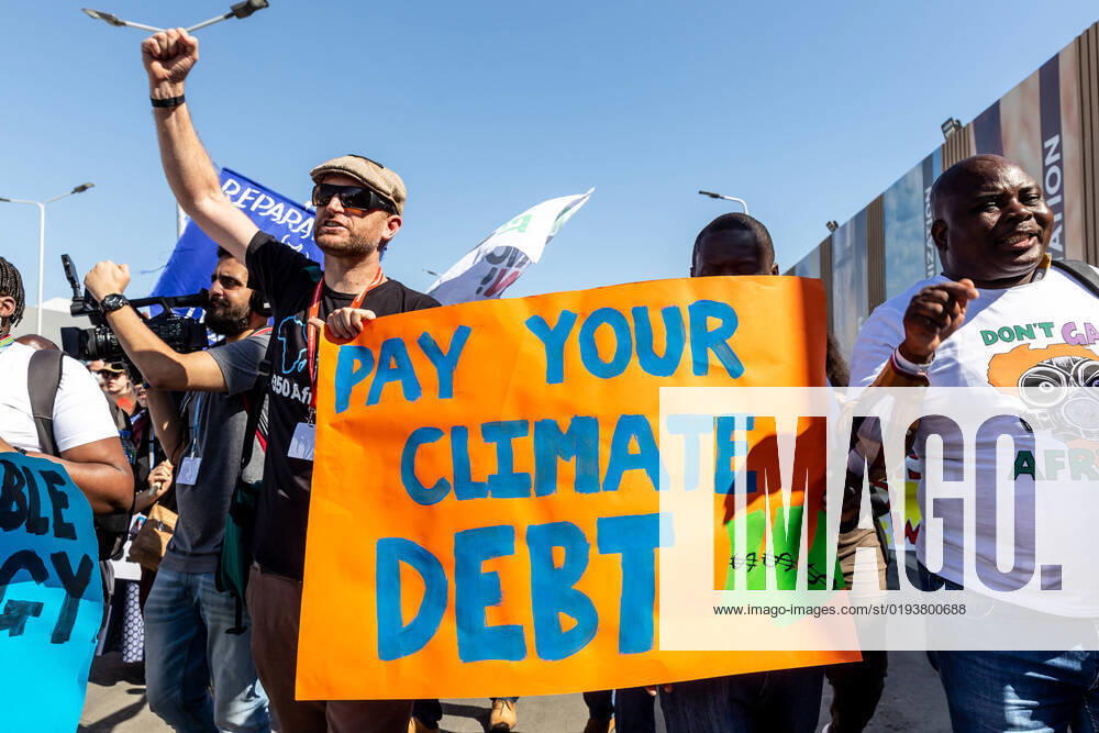 COP27 In Sharm El Sheikh - Day 7 Activists protest demanding climate action and Loss and Damage reparations on the seventh day of the COP27 UN Climate Change Conference, held by UNFCCC in Sharm El-Sheikh International Convention Center, Egypt on November 12, 2022. COP27, running from November 6 to November 18 in Sharm El Sheikh focuses on implementation of measures already agreed during previous COPs. The Conference in Sharm El Sheikh focuses also on the most vulnerable communities as the climate crisis hardens life conditions of those already most disadvantaged. Sharm El Sheikh South Sinai Egypt