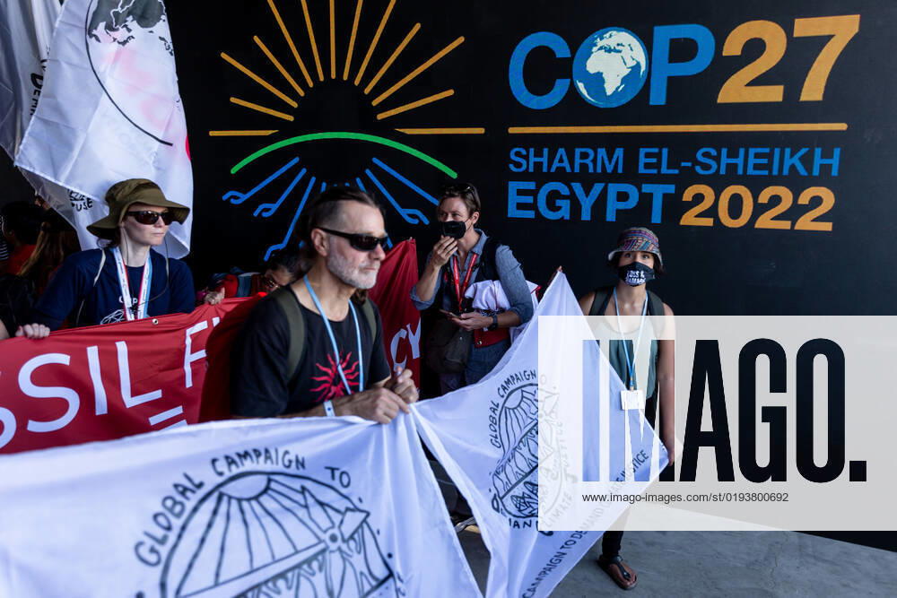 COP27 In Sharm El Sheikh - Day 7 Activists protest demanding climate action and Loss and Damage reparations on the seventh day of the COP27 UN Climate Change Conference, held by UNFCCC in Sharm El-Sheikh International Convention Center, Egypt on November 12, 2022. COP27, running from November 6 to November 18 in Sharm El Sheikh focuses on implementation of measures already agreed during previous COPs. The Conference in Sharm El Sheikh focuses also on the most vulnerable communities as the climate crisis hardens life conditions of those already most disadvantaged. Sharm El Sheikh South Sinai Egypt