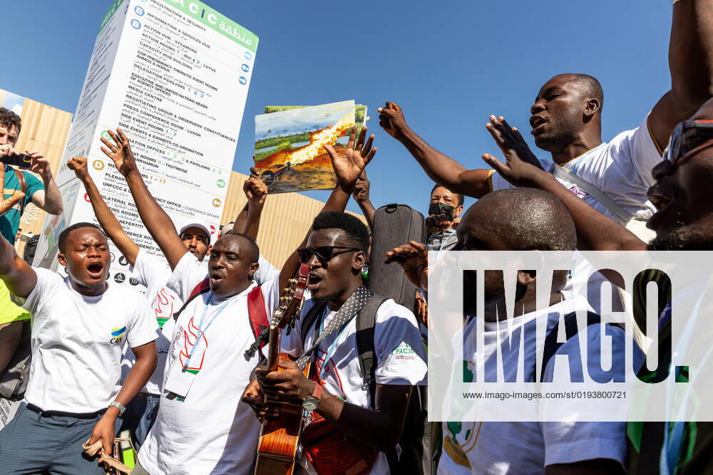 COP27 In Sharm El Sheikh - Day 7 African activists protest demanding climate action and Loss and Damage reparations on the seventh day of the COP27 UN Climate Change Conference, held by UNFCCC in Sharm El-Sheikh International Convention Center, Egypt on November 12, 2022. COP27, running from November 6 to November 18 in Sharm El Sheikh focuses on implementation of measures already agreed during previous COPs. The Conference in Sharm El Sheikh focuses also on the most vulnerable communities as the climate crisis hardens life conditions of those already most disadvantaged. Sharm El Sheikh South Sinai Egypt