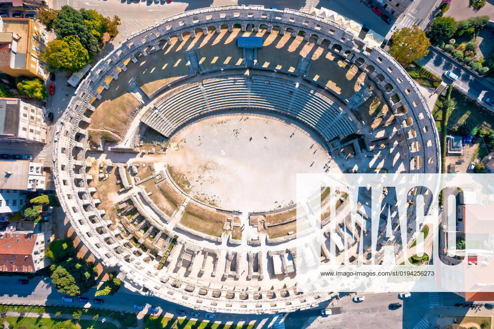 Arena Pula. Ancient ruins of Roman amphitheatre in Pula aerial view Arena Pula. Ancient ruins of Roman amphitheatre in Pula aerial view, Istria region of Croatia