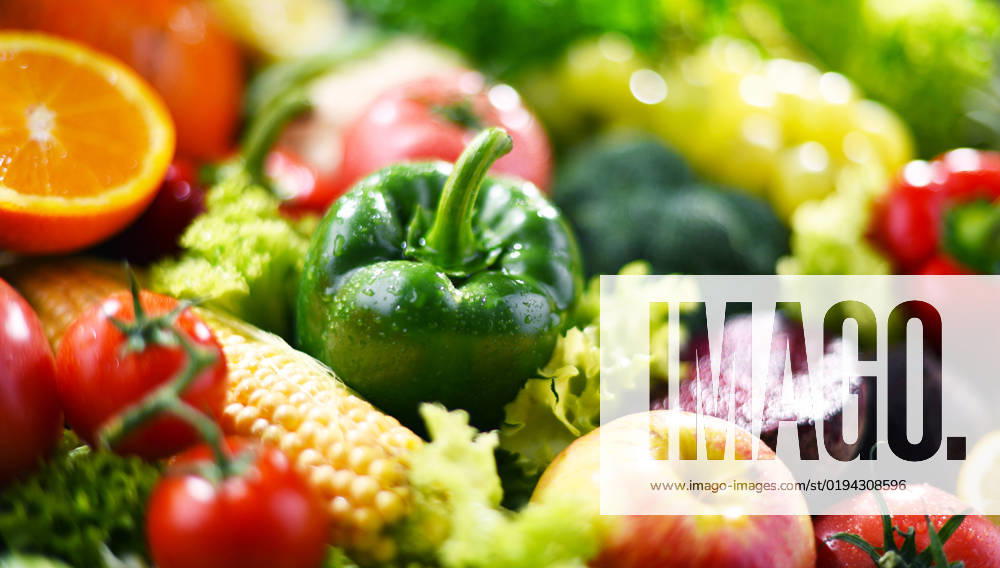 Composition with variety of fresh organic vegetables and fruits Composition with variety of fresh organic vegetables and fruits