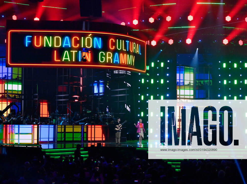 Nicky Jam (C) and participants of the Cultural Foundation perform onstage during the 23rd annual Latin Grammy Awards at the Michelob Ultra Arena at Mandalay Bay Resort and Casino in Las Vegas, Nevada on Thursday, November 17, 2022. LAV20221117634 JIMxRUYMEN
