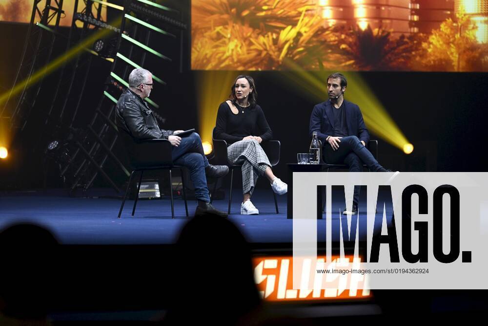 Editor-at-large of TechCrunch, Mike Butcher (left), Olympic gold medallist, Dame Jessica Ennis-Hill, founder and Co-CEO of Jennis (middle) and former arsenal footballer, Co-founder and CEO of GFBiochemicals at the Slush 2022 Startup Event in Helsinki, Finland on November 18, 2022. Helsinki Finland