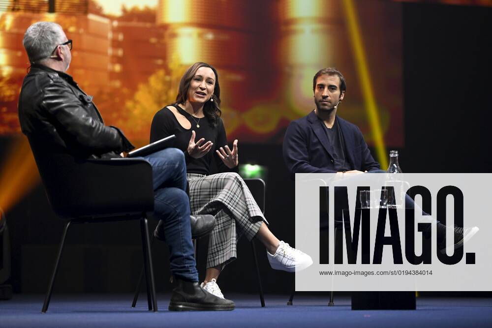 Editor-at-large of TechCrunch, Mike Butcher (left), Olympic gold medallist, Dame Jessica Ennis-Hill, founder and Co-CEO of Jennis (middle) and former Arsenal footballer, co-founder and CEO of GFBiochemicals Mathieu Flamini at the Slush 2022 Startup Event in Helsinki, Finland on November 18, 2022. Helsinki Finland