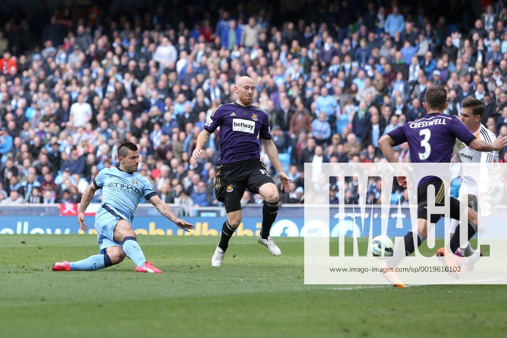 Sergio Aguero of Manchester City scores his sides second goal - Manchester City vs. West Ham United - Barclay s Premier League - Etihad Stadium - Manchester - 19 04 2015 Pic Philip Oldham Sportimage .