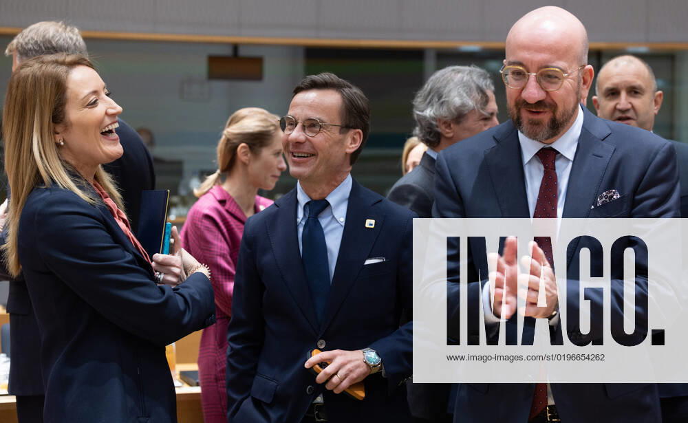 European Parliament chairwoman Roberta Metsola, Sweden Prime Minister Ulf Kristersson and European Council President Charles Michel pictured during the European council summit, in Brussels, Thursday 15 December 2022. BENOITxDOPPAGNE 56274829