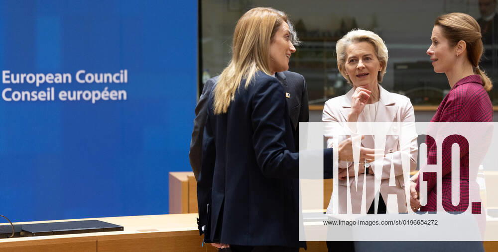 European Parliament chairwoman Roberta Metsola, European Commission President Ursula Von der Leyen and Estonian Prime Minister Kaja Kallas pictured during the European council summit, in Brussels, Thursday 15 December 2022. BENOITxDOPPAGNE 56274855