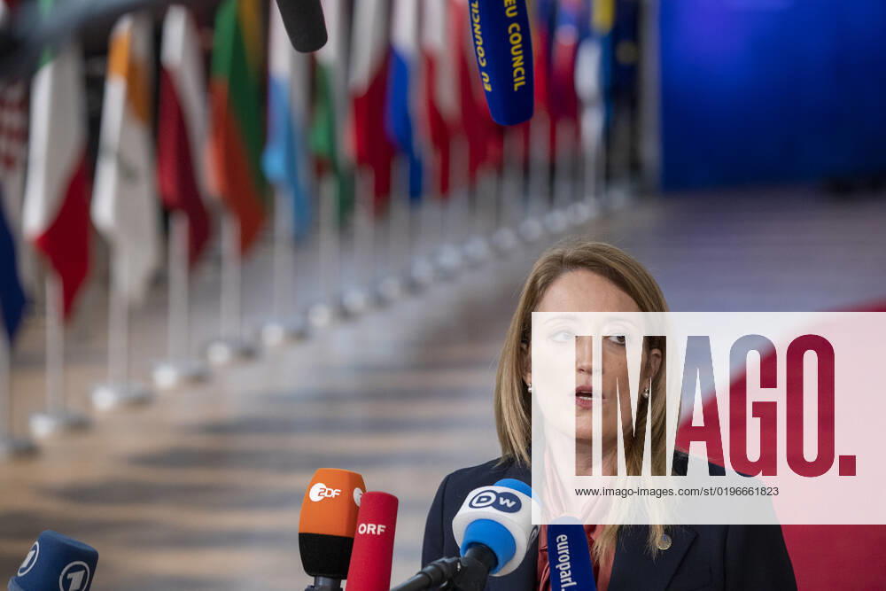 European Parliament chairwoman Roberta Metsola pictured at the arrivals ahead of the European council summit, in Brussels, Thursday 15 December 2022. NICOLASxMAETERLINCK 56285390