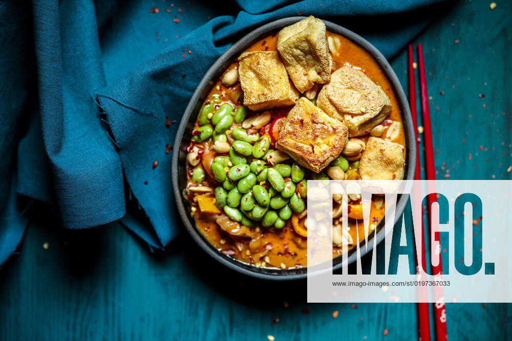 Bowl of ready to eat vegan curry with edamame and tofu, SBDF04587
