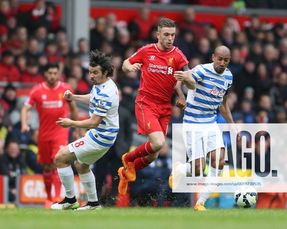 Jordan Henderson of Liverpool tussles with Karl Henry of QPR - Barclays Premier League - Liverpool vs QPR - Anfield Stadium - Liverpool - England - 2nd May 2015 - Picture Simon Bellis Sportimage .