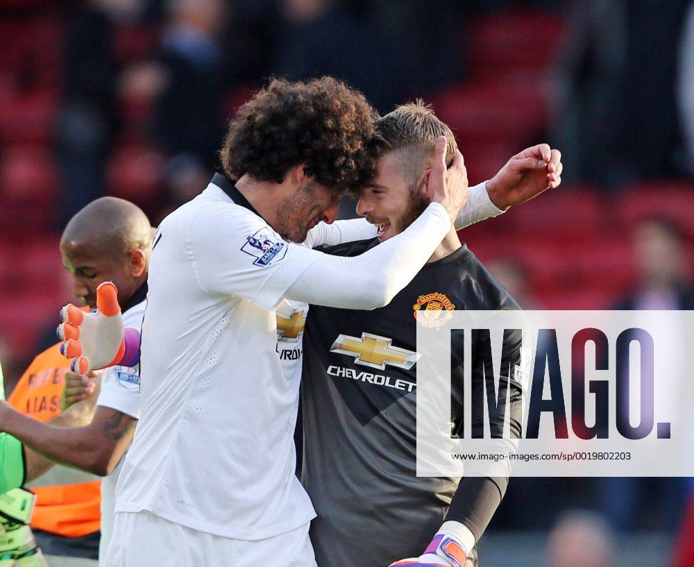 Manchester United ManU s Marouane Fellaini celebrates at the final whistle with David De Gea Barclays Premier League - Crystal Palace vs Manchester United- Selhurst Park - England - 9th May 2015 - Picture David Klein Sportimage .
