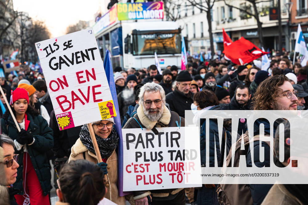 Youth Organisations And Left-wing Parties Call For March For Our Pensions Demonstrators, including one holding a sign reading They re gorging themselves, we re drooling and To leave later is to die sooner are taking part in a rally, called by the left-wing party La France Insoumise (LFI) and youth organisations, to protest against the pension reform bill presented by the French government in Paris on 21 January 2023. The pension reform bill would raise the retirement age from 62 to 64 for most people and increase the number of years of contributions needed to get a full pension, which a majority of French people are strongly opposed to. Paris France