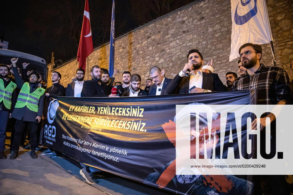 A speaker addresses the demonstrators during the rally. After Rasmus Paludan, the leader of the far-right political party Hard Line in Denmark and also a Swedish citizen, burning the Holy Quran near the Turkish Embassy in Stockholm, Anatolian Youth Association (AGD) and National Youth Foundation (MGV) members and supporting citizens held a demonstration near the Swedish Consulate in Beyoglu, Istanbul. Istanbul Turkey - ZUMAs197 20230122_zaa_s197_173