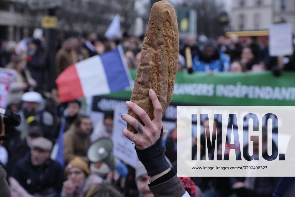 A woman holds a bread in the air during a protest against high energy prices. Bakers from all over France descend on the streets of Paris to protest against high gas and energy bills. Some have seen their energy bill double of triple recently and demand the French government for more financial help. French president Emmanuel Macron has described the French baguette as 250 grams of magic and pure perfection and the humble breadstick is now part of Unescoâ€⠢s Representative List of the Intangible Cultural Heritage of Humanity. Thirty-three thousand bakeries operate in France to supply the population with 10 billion baguettes annually. Paris FRANCE - ZUMAh172 20230123_zip_h172_006